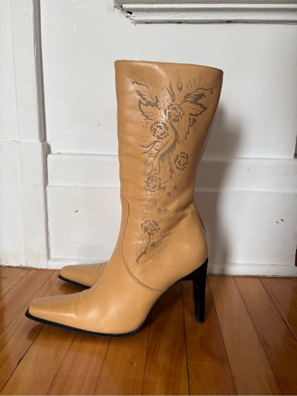 Tall Women's Leather Boot in Tan with Floral Embossing